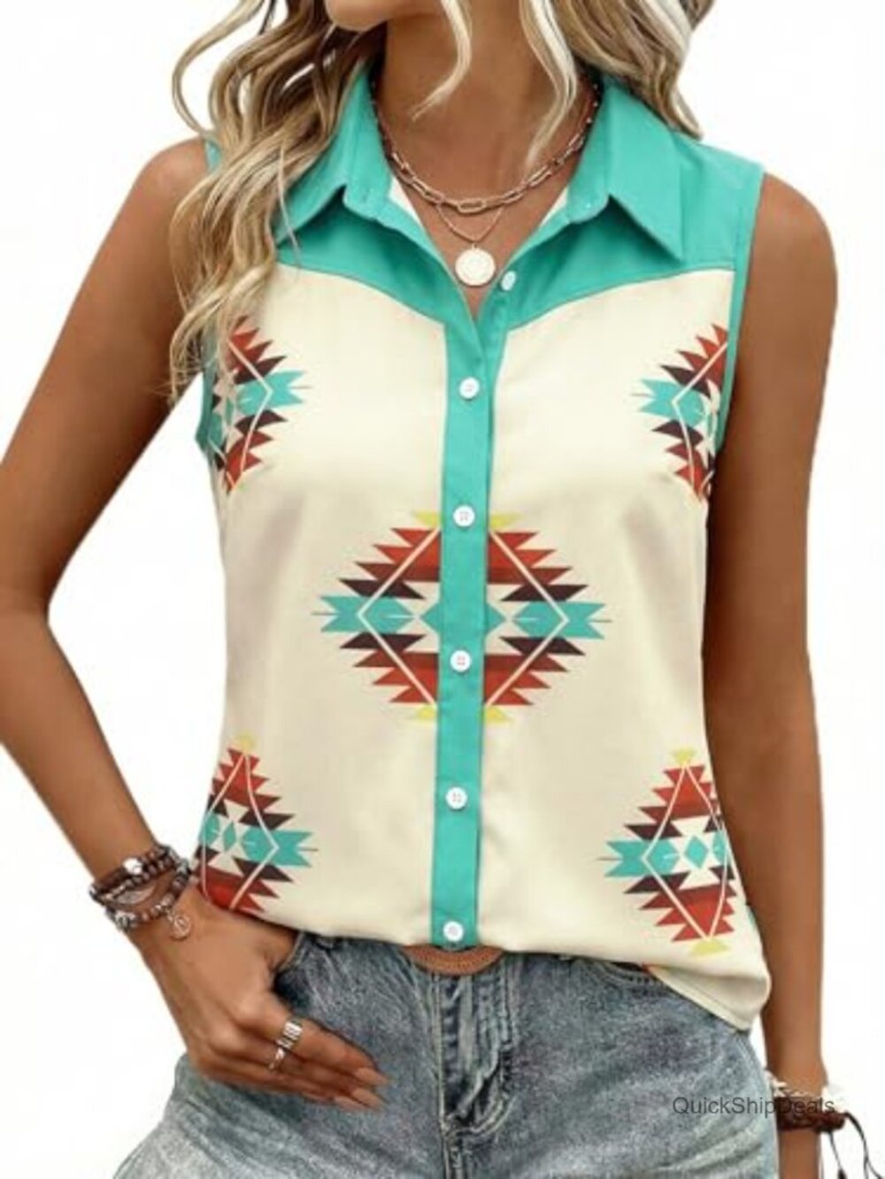 Sleeveless Button Down Western Tank Top Cowgirl Rodeo Shirt